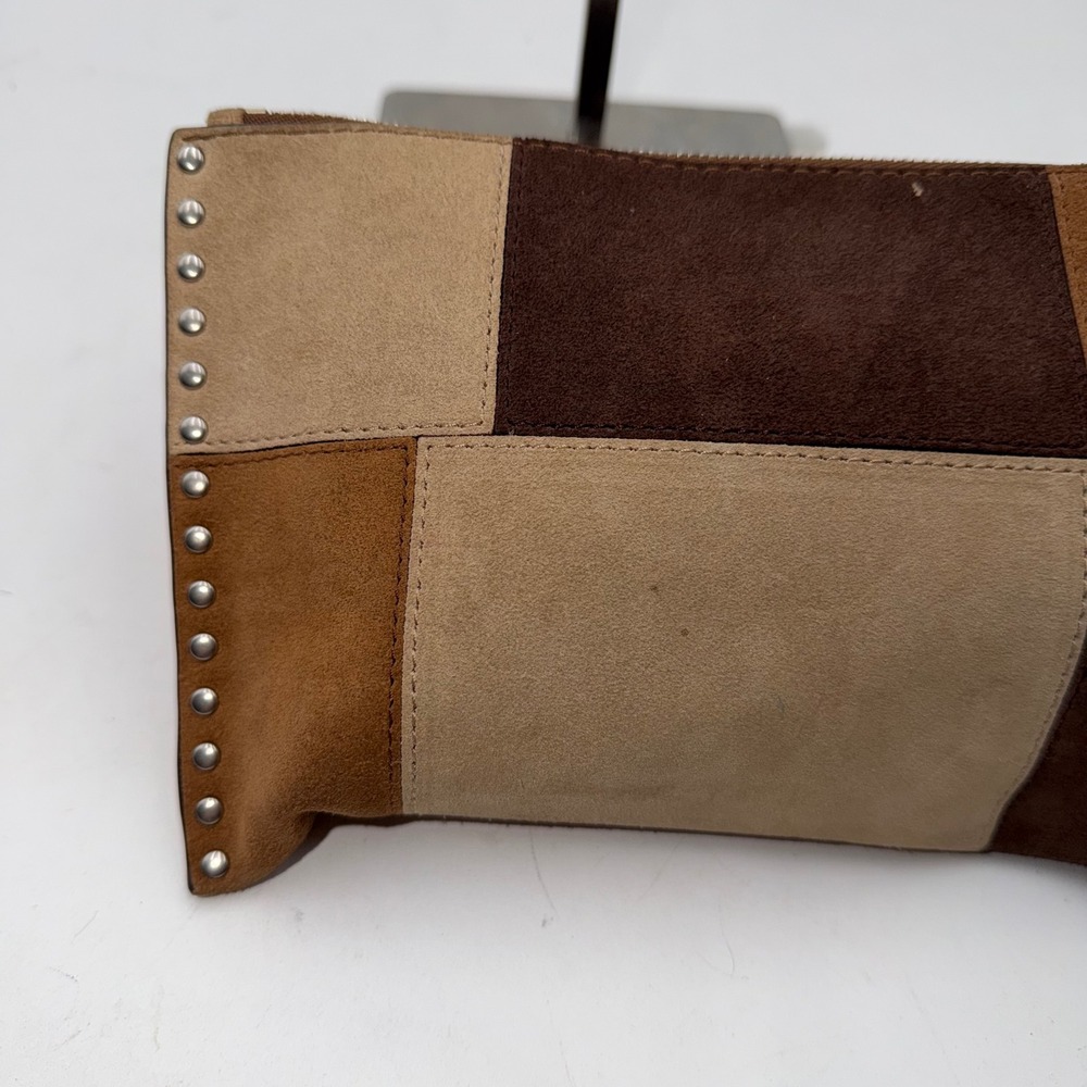 Michael Kors Suede Patchwork Studded Wristlet Clutch Brown Tan Silver Studs - Picture 6 of 13
